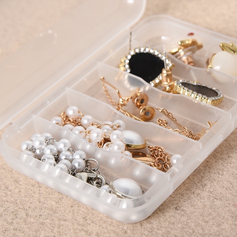 [Hot Sale] Kotak Plastik Persegi Mini Transparan/Wadah Kemasan Perhiasan Organizer Untuk Cincin, Anting, Manik-Manik, Kancing/5Kisi Kompartemen Wadah Plastik