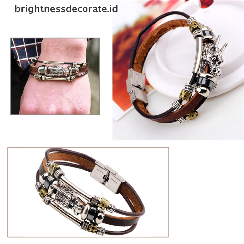 [Birth] Multilayer Kulit Tibet Perak Pria Gelang Parataxis Naga Pria Accessoires [ID]