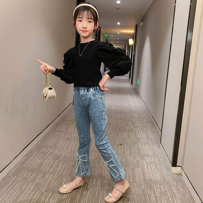 Baju Setelan Celana Jeans Cut Bray Anak ABG Perempuan Ribbon Pearl