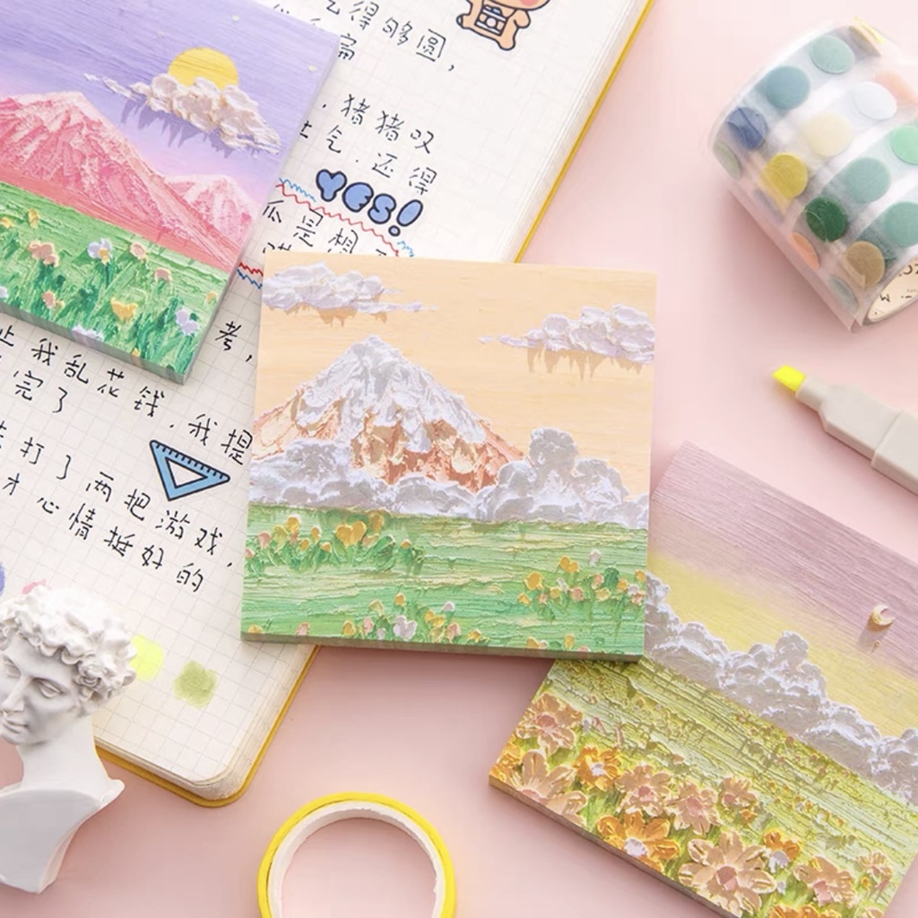 

80 Lembar Sticky Notes Journal Aesthetic Gambar Landscape Pemandangan Gunung Bunga / Post It Journal Oil Painting Memo Pad