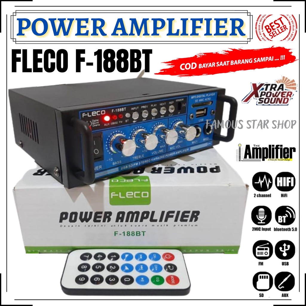 Amplifier FLECO F-188BT Bluetooth Stereo Karaoke + Mp3 player + FM Radio | Power Amplifier Bluetooth
