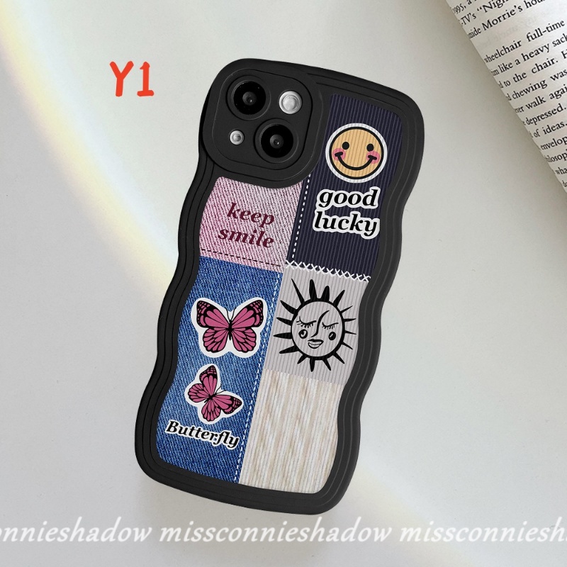 Redmi 9T 9A 10A 9 10 10C A1 9C A1+Mi 11T Pro Redmi Note 11 10 9 8 10s 9s 11s 10 Pro Max PO CO M3 X3 NFC Pro Butterfly Smiley Label Pattern Splicing Lembut Bergelombang Penutup Tepi