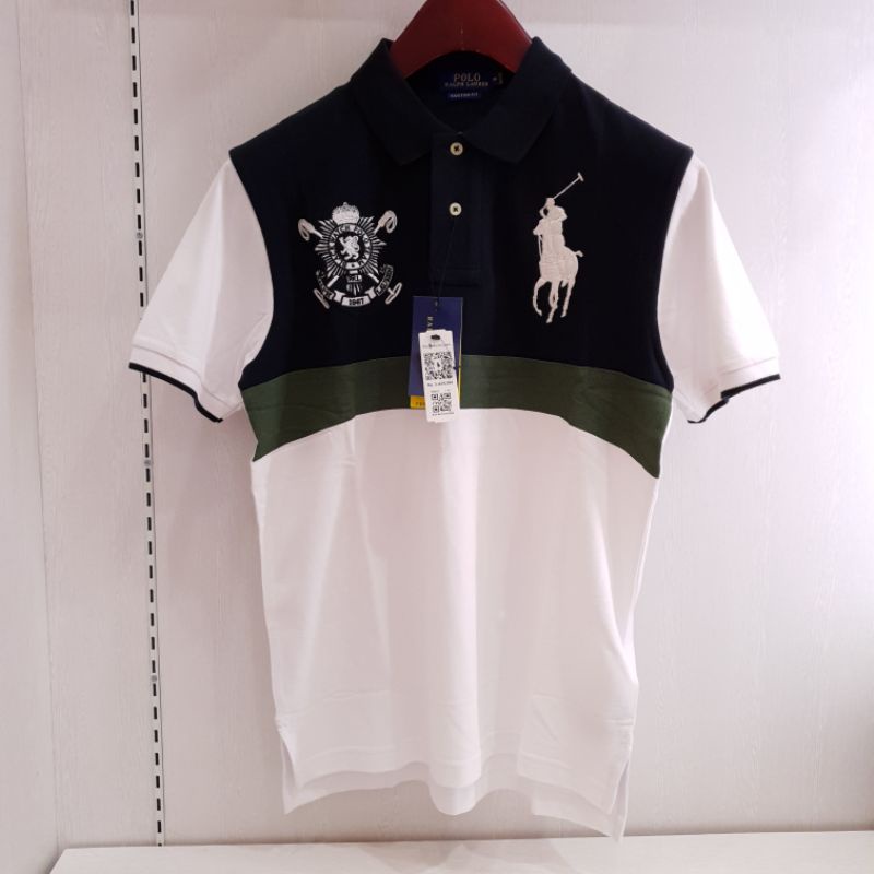 LIMITED Polo Ralph Lauren Original Kaos Kerah Pria Custom Fit Kombinasi Navy Putih