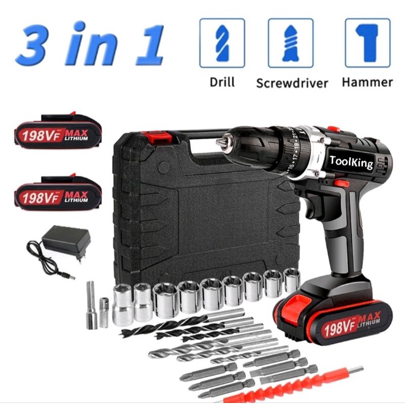 198V Mesin Bor Cordless Bor Baterai Impact Drill Bor Beton 2 Baterai