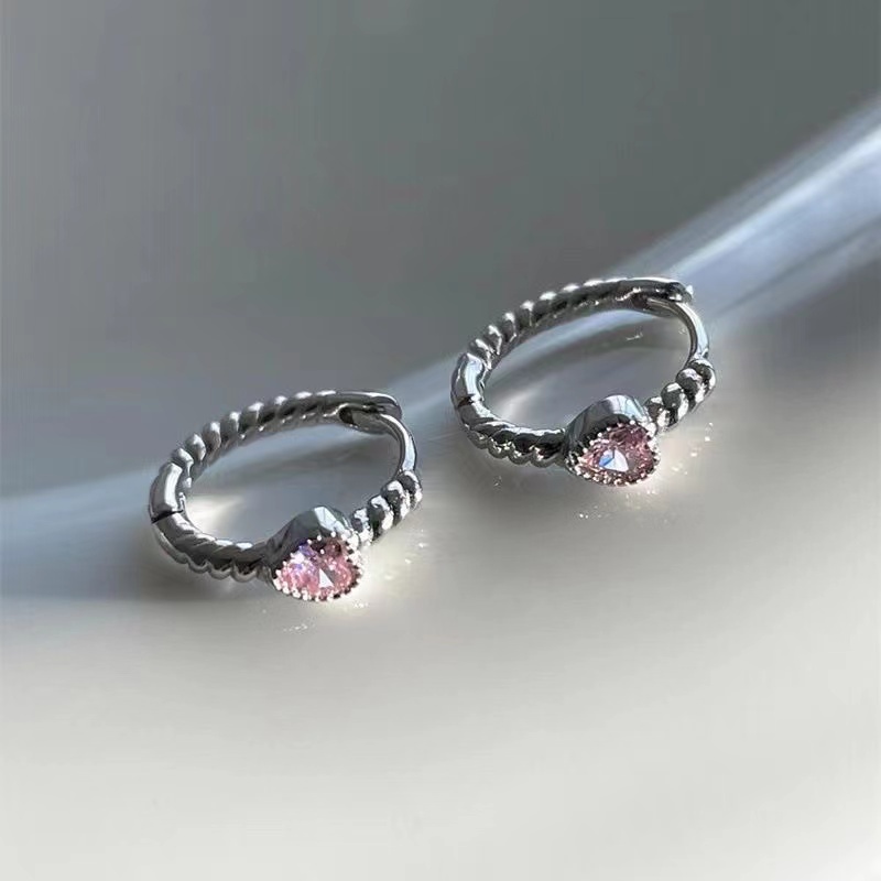 IFYOU Anting Tusuk Simple Love Pink Zircon Silver Earrings Untuk Aksesoris Perhiasan Wanita