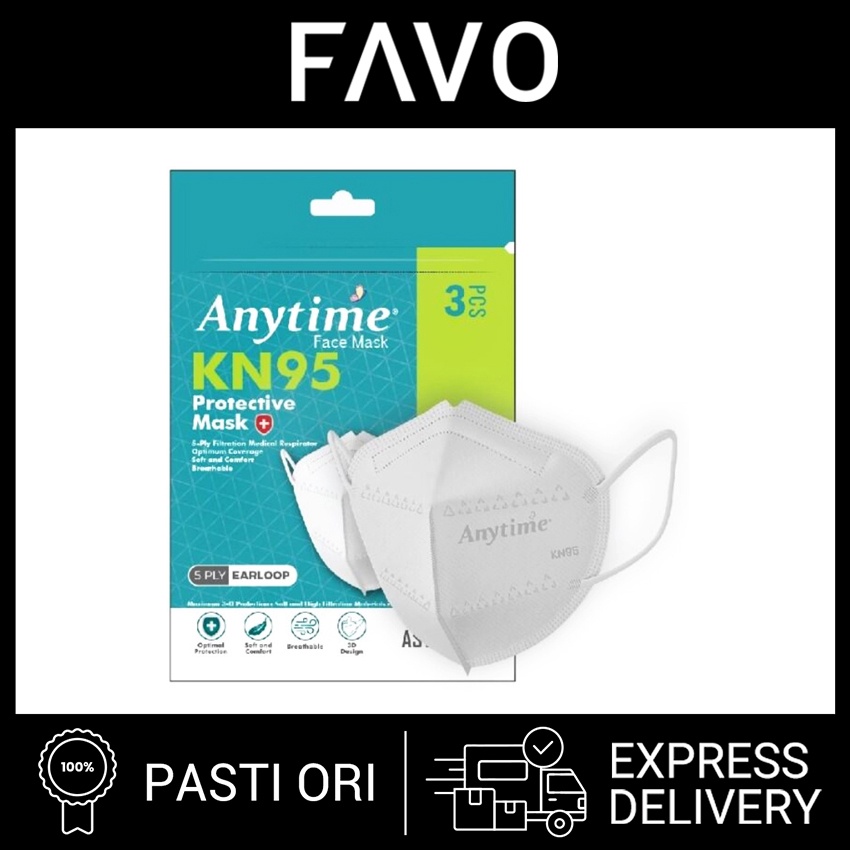 Masker Medis - Anytime KN95 Protective Mask 5 Ply Earloop White 3 Pcs