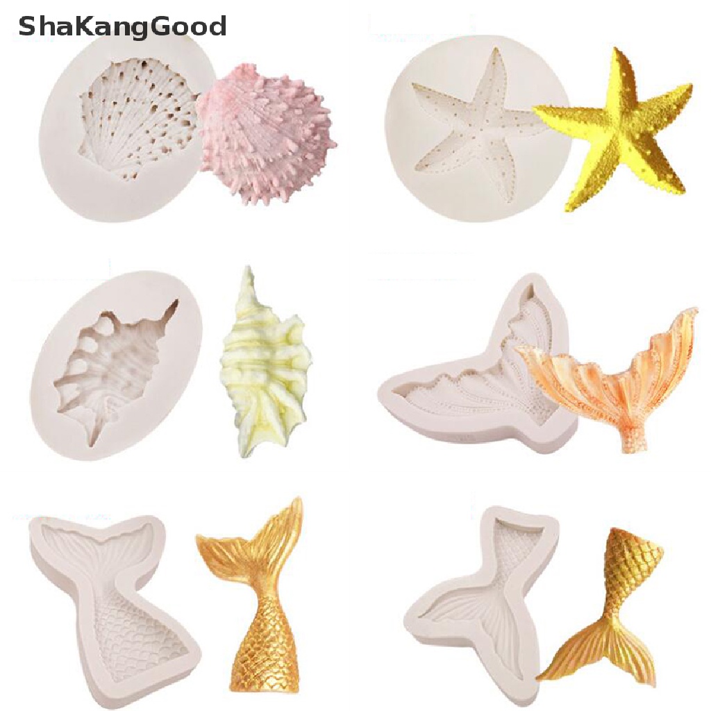 Skid 3D Mermaid Tail Shell Bintang Laut Cetakan Silikon Fondant Dekorasi Kue Cetakan Kue SKK