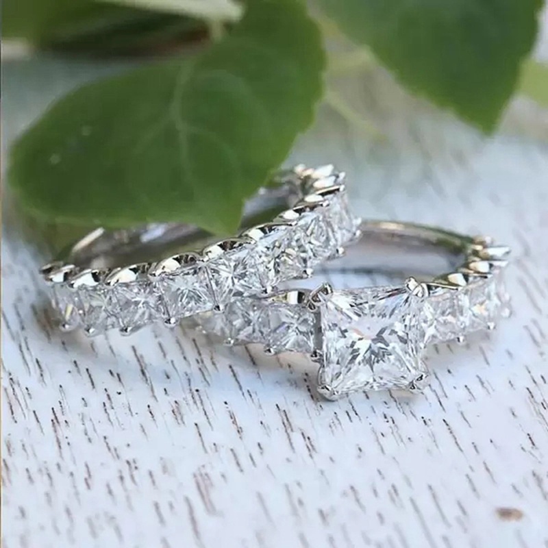 Trendy Mewah Princess Cut Cubic Zirconia Promise Rings Untuk Wanita Kristal Pertunangan Pernikahan Rings