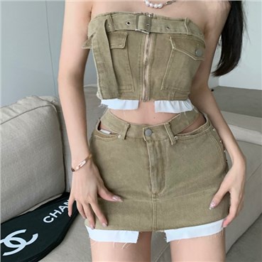 Red Spice Girl Retro Denim Rok Wanita Musim Panas Khaki Pinggang Tinggi Dicuci Hollow Rok Seksi Hip Rok Pendek