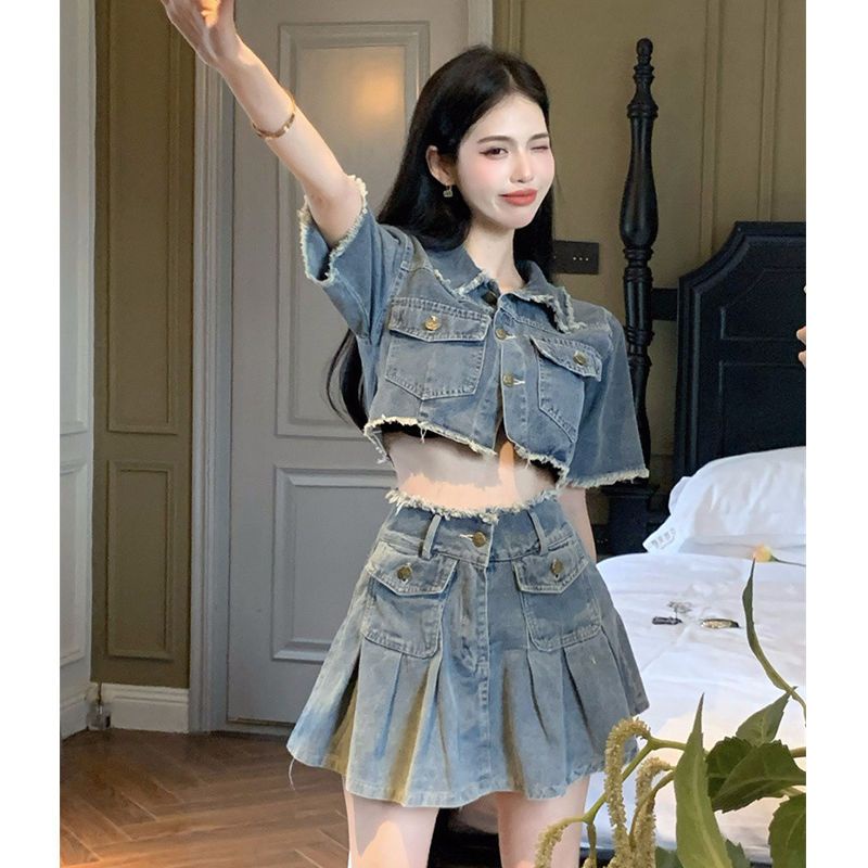 Red Retro Dicuci Mentah Tepi Kemeja Pendek Setelan Denim Wanita Musim Panas Pinggang Tinggi Rok Rok Pendek Ceruk Set Dua Potong