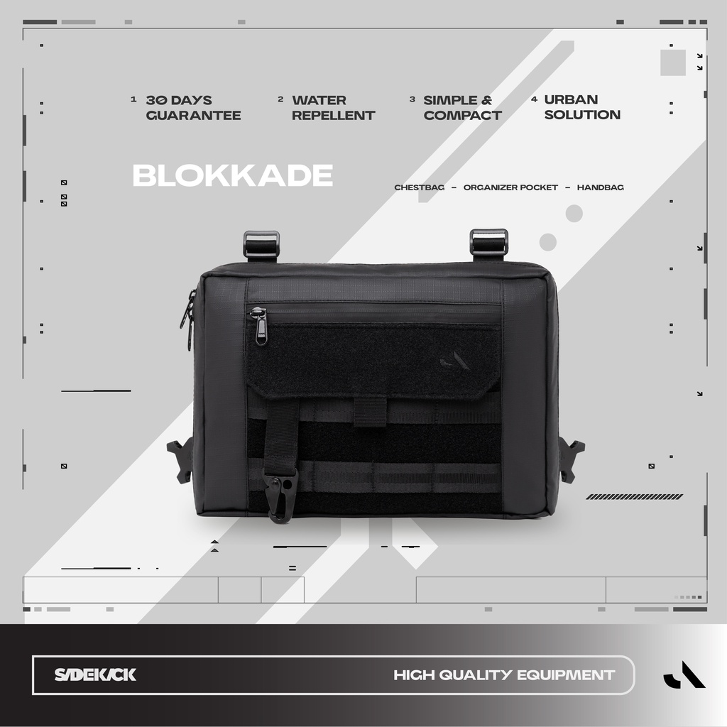 Sidekick Project BLOKKADE Chest Bag Warna Hitam Multifungsi (Tactical Bag + Chest Rig + Tech wear) Bahan Polyester Organizer Pocket Tas Dada Pria HP Dompet