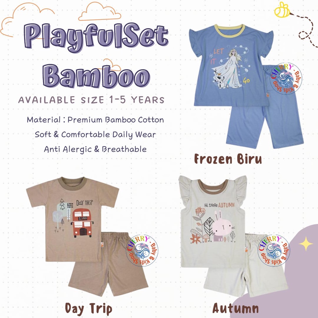 Velvet Junior PlayfulSet 1-5 Tahun Playful Set Bamboo Cotton Setelan Pendek Boy Day Trip / Girls Autumn Ruffle Series / Frozen Biru Piyama Baby Doll 7/8 CBKS