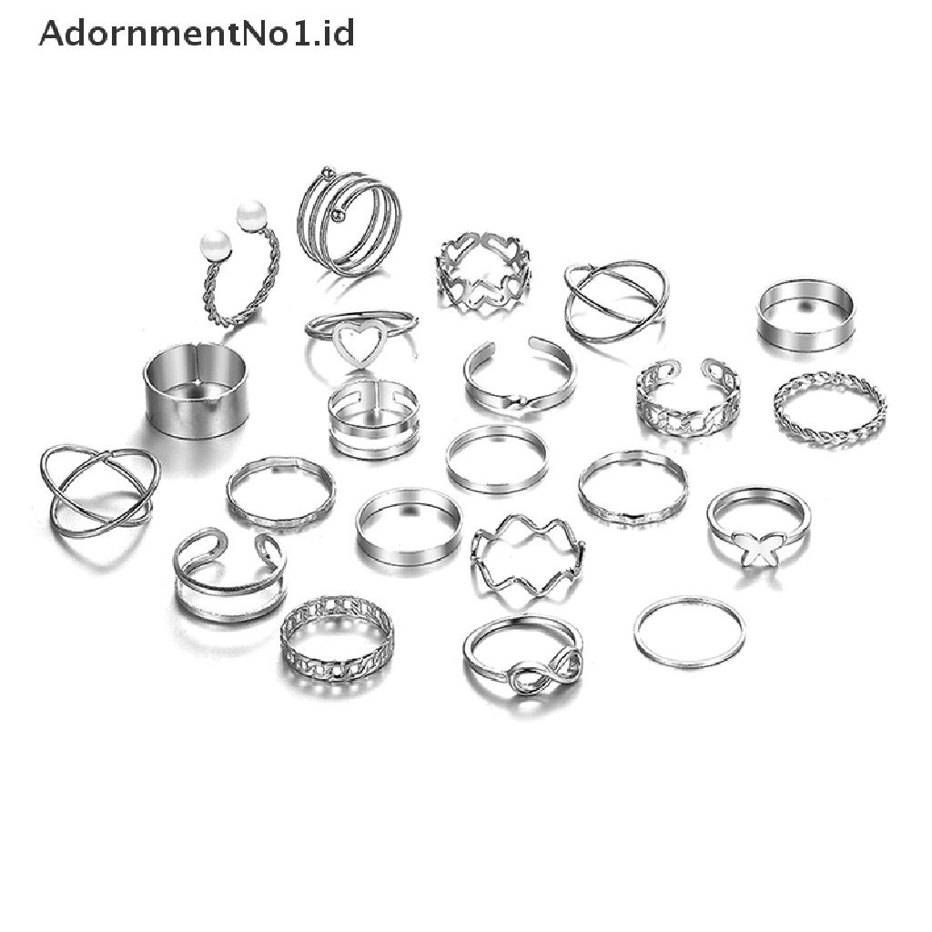 [AdornmentNo1] 22pcs Set Vintage Hollow Hati Butterfly Rings Set Untuk Wanita Metal Warna Silver Geometris Bentuk Spiral Ring rendy Jewelry [ID]