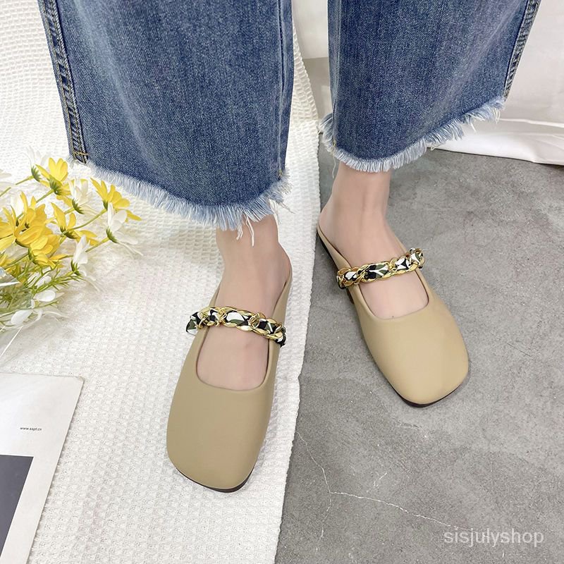 #Sisjuly# Sandal wanita baru datar bawah memakai sepatu luar mullet sepatu slip tahan setengah sanda