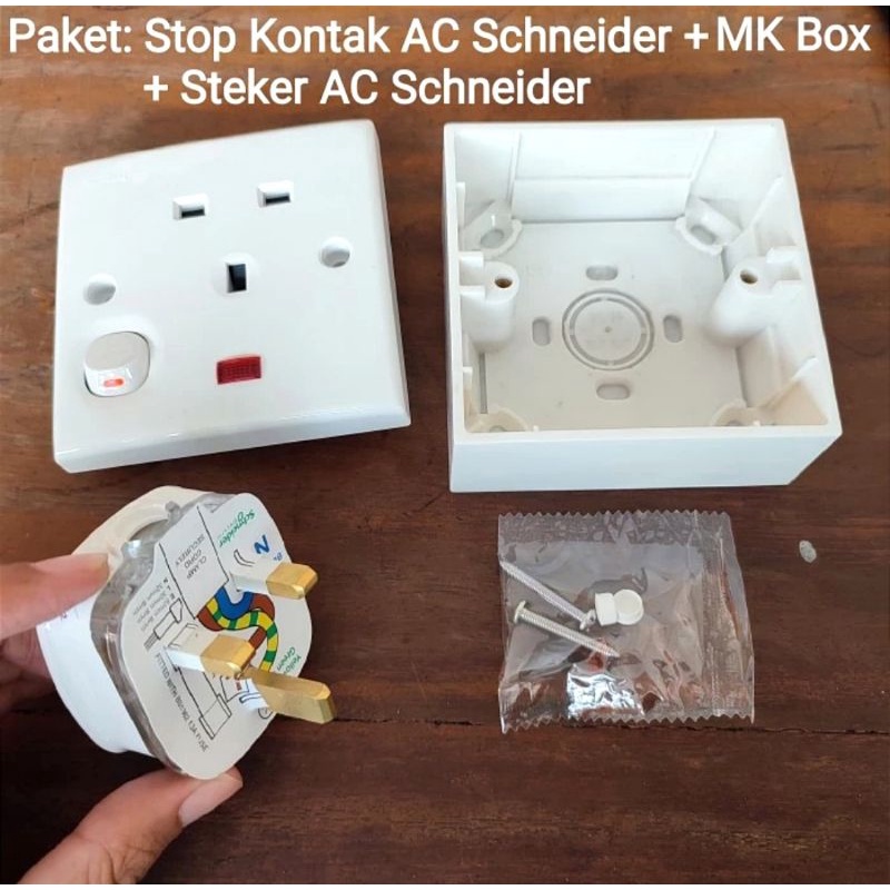 Paket Stop Kontak + Steker colokan AC kaki 3 + MK Box imbodus tempel Schneider Clipsal