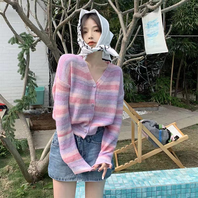 YIU YIU Rajut - Cardigan Rajut Korea Stripe Knit Cardigan Baju Rajut Wanita Lengan Panjang