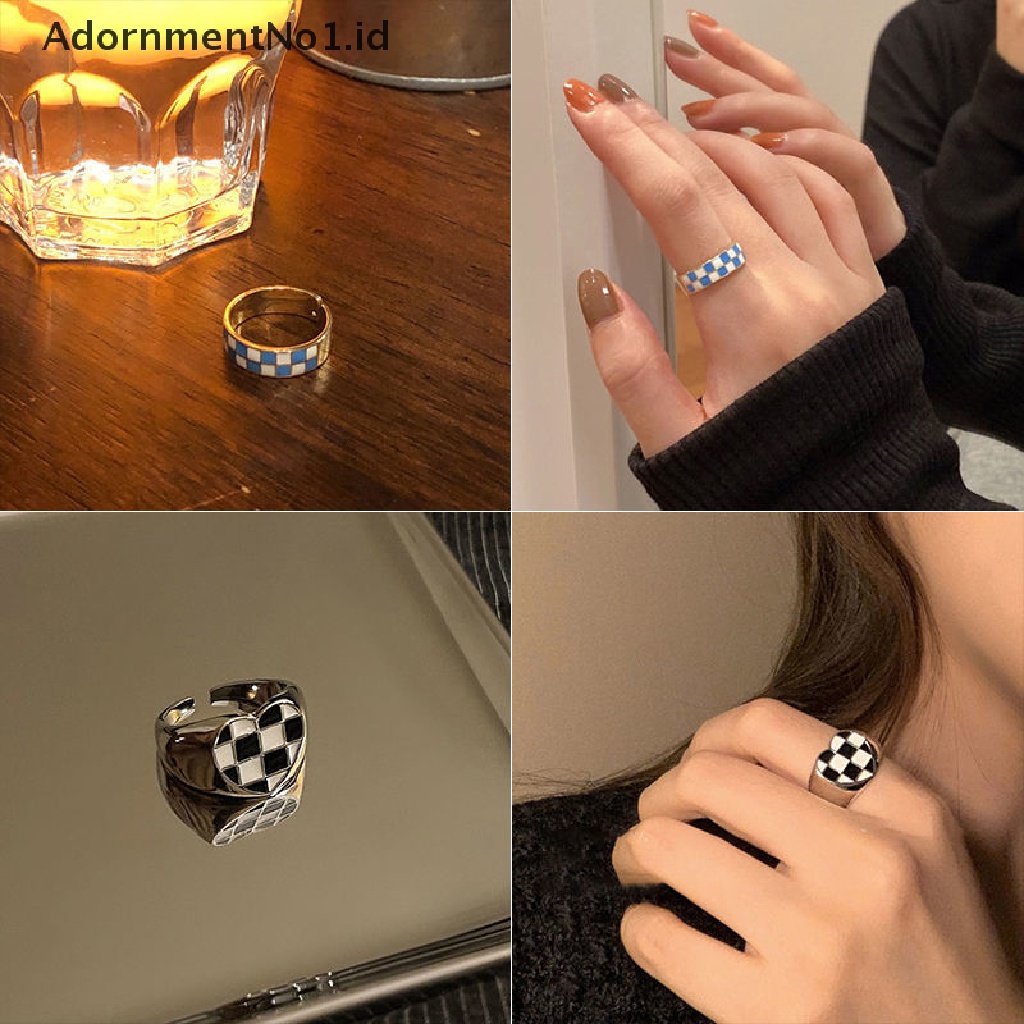 [AdornmentNo1] Vintage Jari Telunjuk Cincin Cinta Sederhana Hati Cincin Hitam Dan Putih Kotak-Kotak Diperiksa Cincin Untuk Wanita Rock Hip Hop Twist Geometri Open Rings Fashion Ins Perhiasan Hadiah [