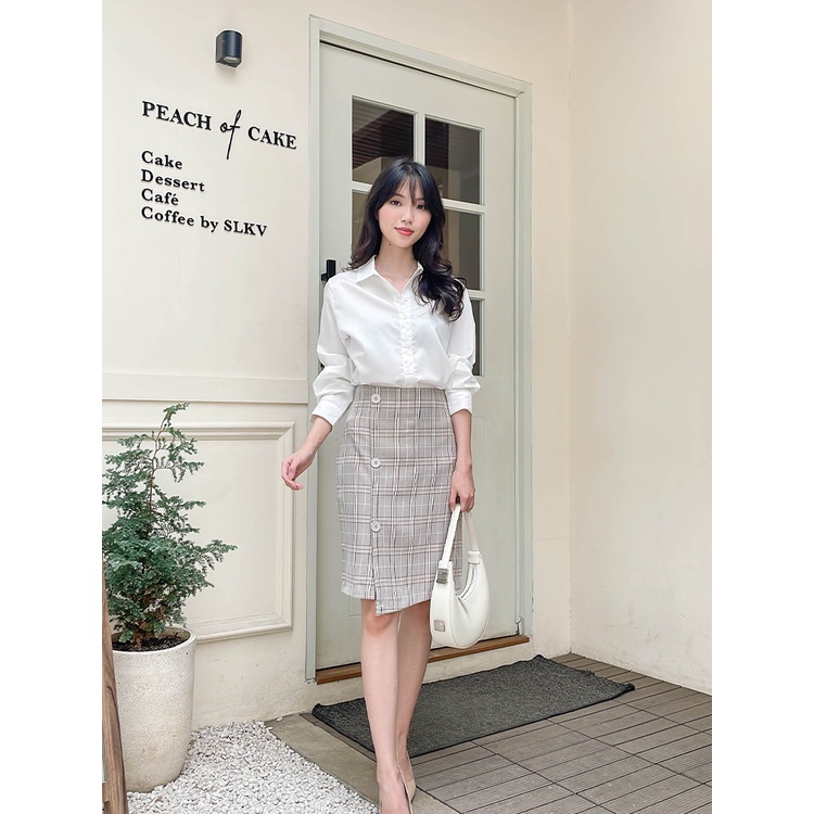 Kadaka B-0186 Korean Plaid Tweed Skirt with Button Detail