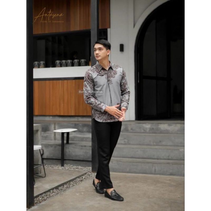 Baju Kemeja Batik Pria Lengan Panjang Slim Fit Lapis Furing Katun Halus Premium Modern Sragenan AKAR ABU