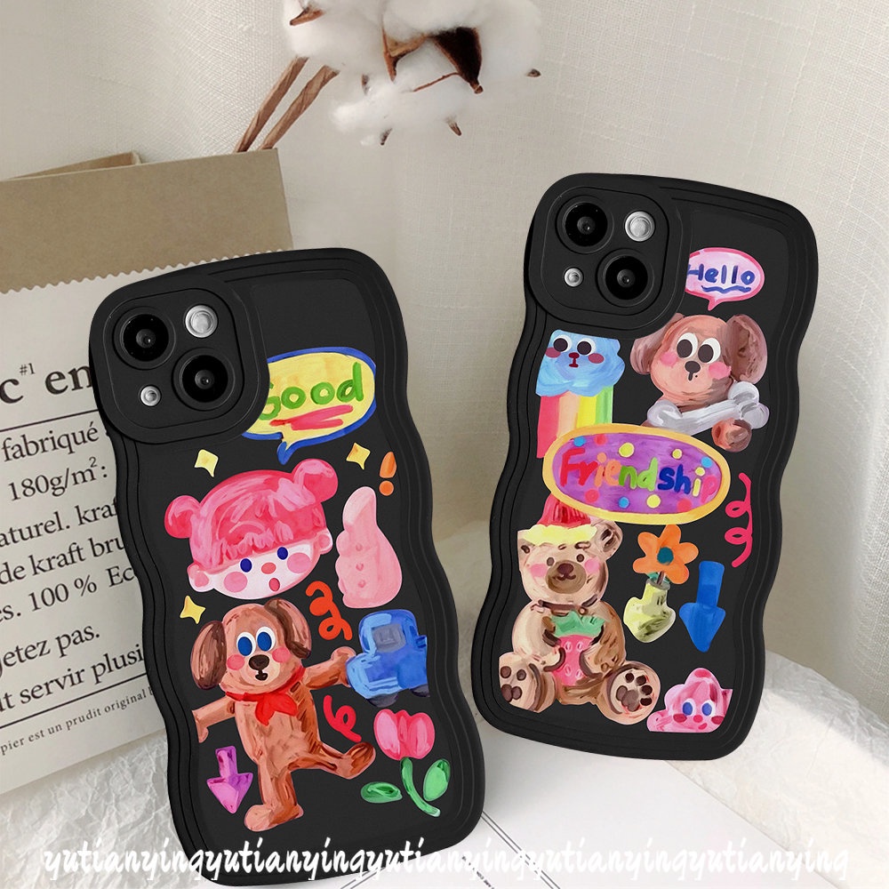 IPHONE Kartun Graffiti Case Kompatibel Untuk Iphone11 12 13 6 6s 8 7 Plus 14 Pro Max XR 14Plus X XS Max SE 2020 Populer Anjing Lucu Gadis Lucu Stiker Lembut Bergelombang Tepi Case