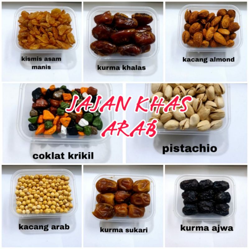 

Jajanan Arab Cemilan Oleh-Oleh Haji | Kismis Kurma Almond Kacang Coklat Krikil