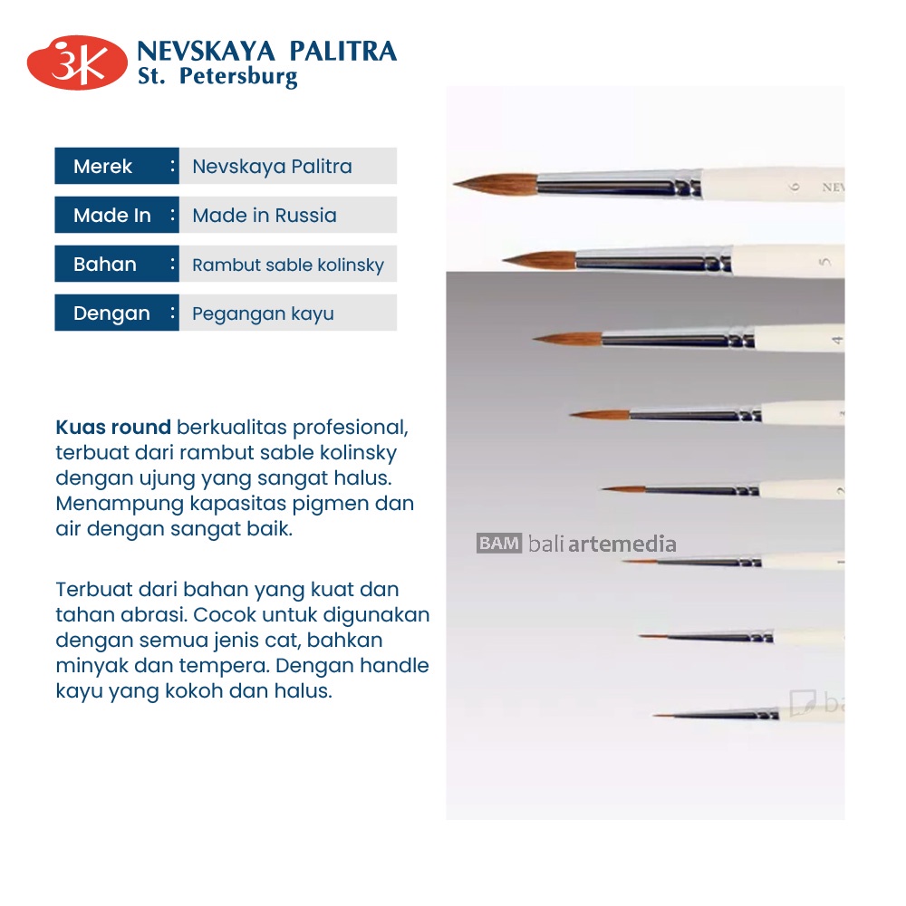 Kuas Cat Alat Melukis Nevskaya Palitra White Night Pure 100% Natural Kolinsky Brush (1/2) Terlaris By Bali Artemedia