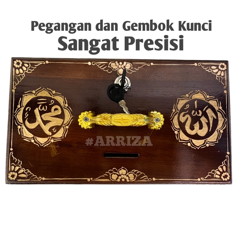 KOTAK AMAL Ukuran Sedang Besar / KOTAK INFAQ / CELENGAN / KOTAK DONASI / TEMPAT PENYIMPANAN UANG MOTIF LAFADZ ALLAH MUHAMMAD KAYU JATI (panjang 30cm x lebar 16cm x tinggi 16cm)