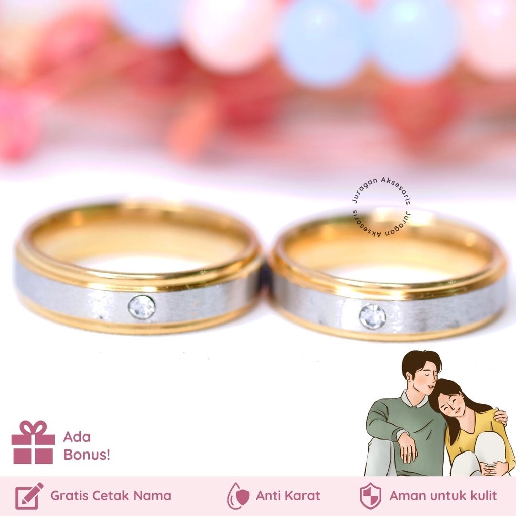 GRATIS UKIR NAMA Cincin Couple Romantis Titanium M120 Gold Silver Emas Anti Karat Hadiah Tunangan Kawin Nikah BONUS Gelang