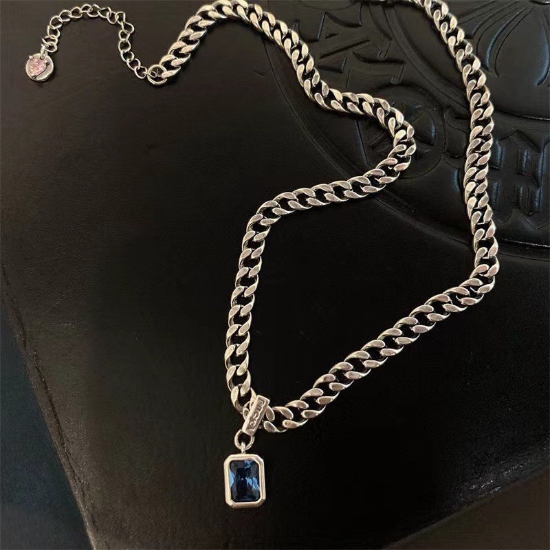 Kalung Zirkon Biru Aksesoris Retro Fashion Rantai Klavikula Sederhana Hip Hop