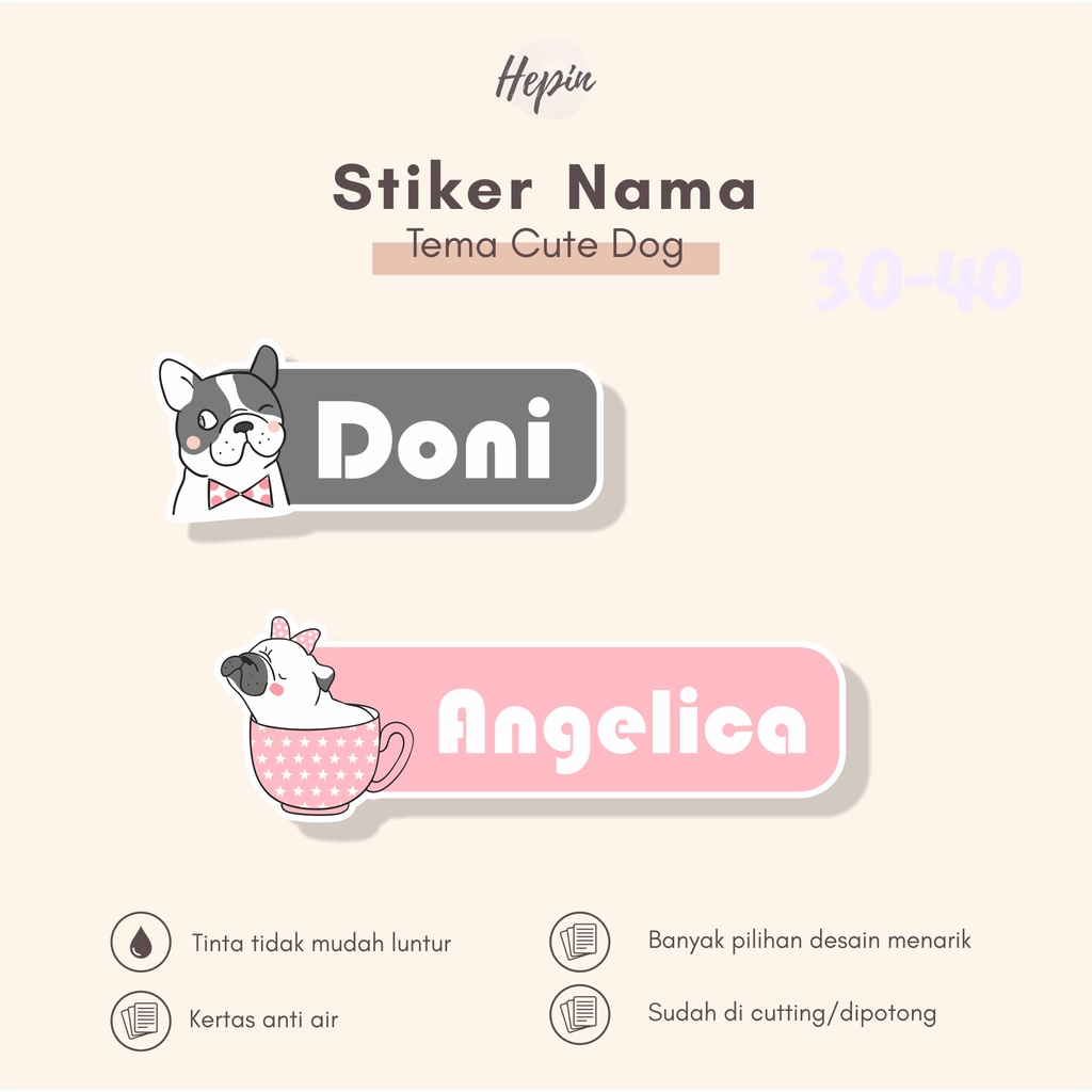 

(90 - 120 pcs) tema CUTE DOG/stiker nama anti air/bisa custom nama /murah/stiker label