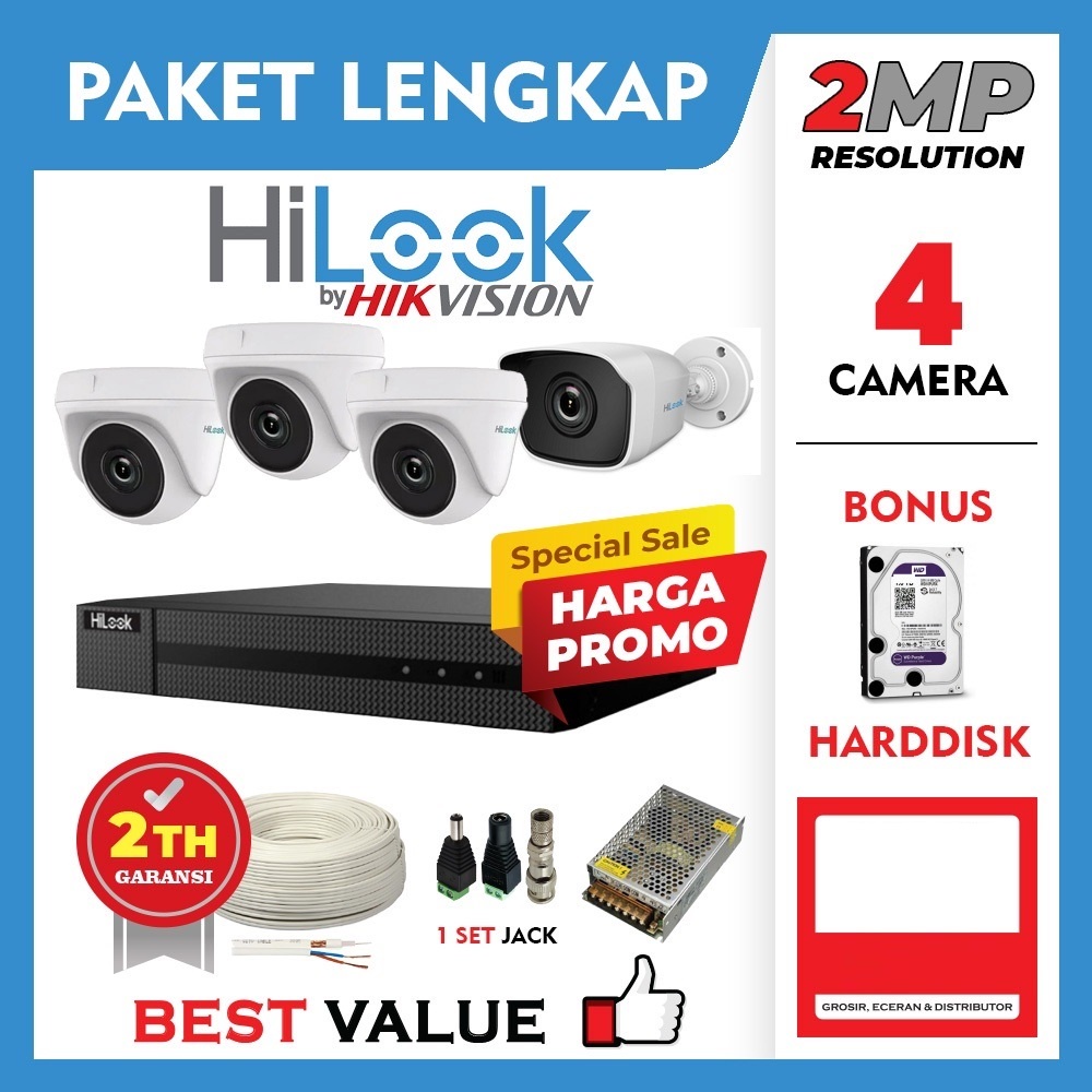 PAKET CCTV HILOOK 4 KAMERA FULL HD 2MP LENGKAP SIAP PASANG - SURABAYACCTV