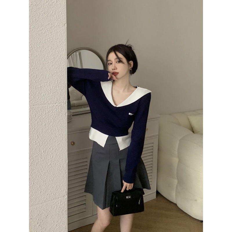 Red Gaya perguruan tinggi v-neck sweater warna kontras wanita musim gugur dan musim dingin baru yang chic dan unik atasan pendek palsu dua potong kemeja bottoming rajutan