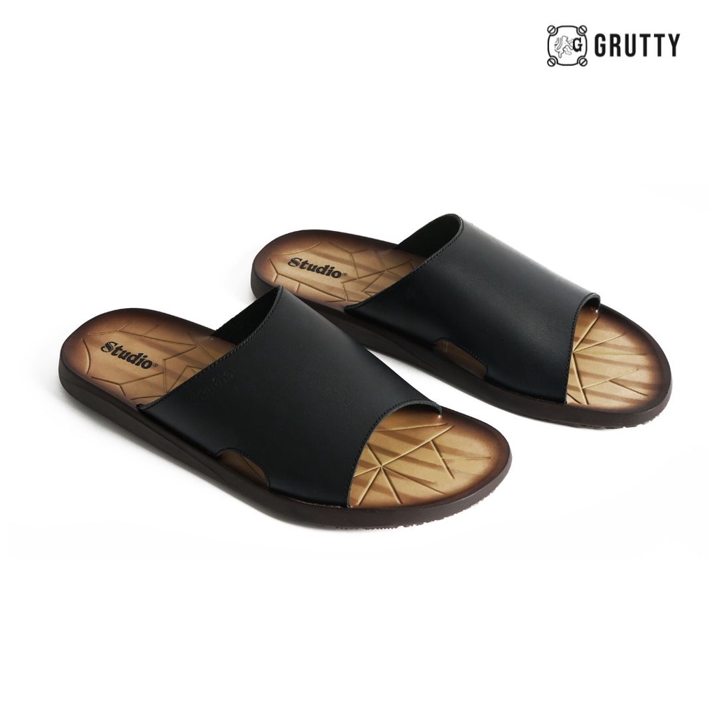Sandal Kulit Slip On Pria Slide Sandals Hitam Studio