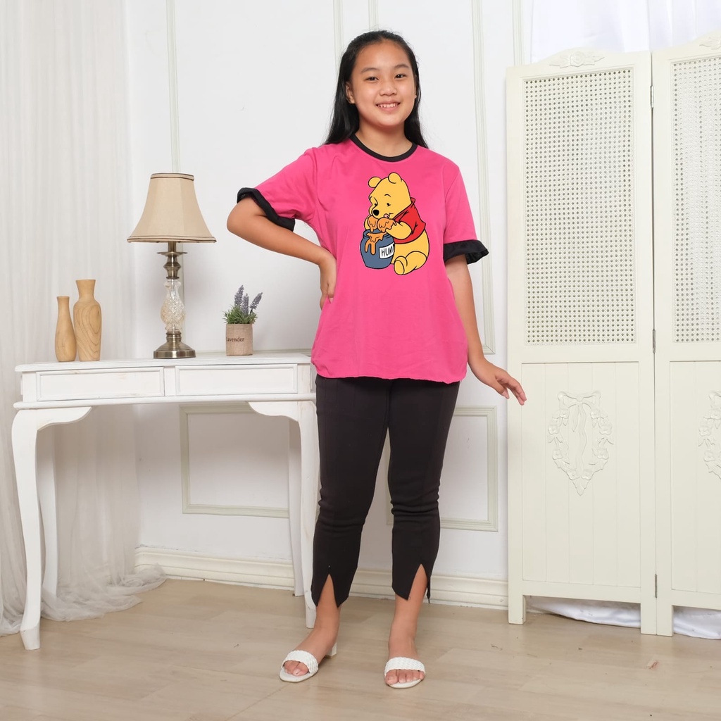 Hzl_outfit Kaos Baju Anak ABG Lengan Kerut Pendek Salma The Pooh Honey/ Atasan Kaos Anak ABG