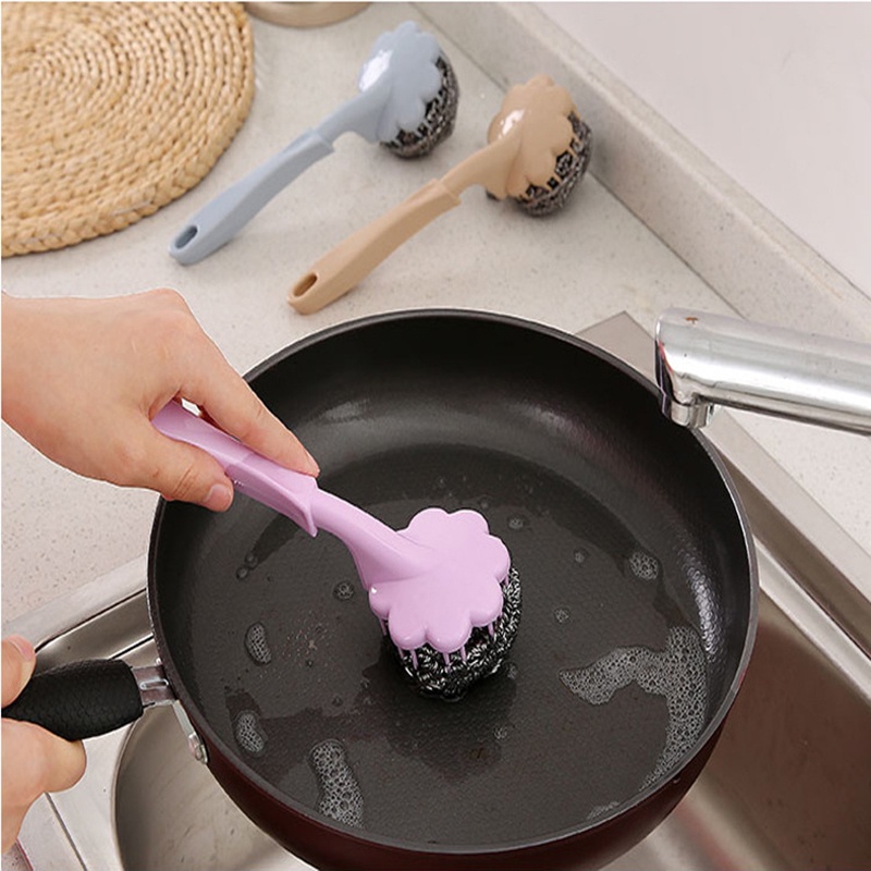 Sikat Pembersih Gantung Gagang Panjang Stainless Steel Wire Ball Brush Household Deep Clean Scrub Brushes Kitchen Cutlery Cleaner Alat Cuci Panci Piring Mangkok Dapur