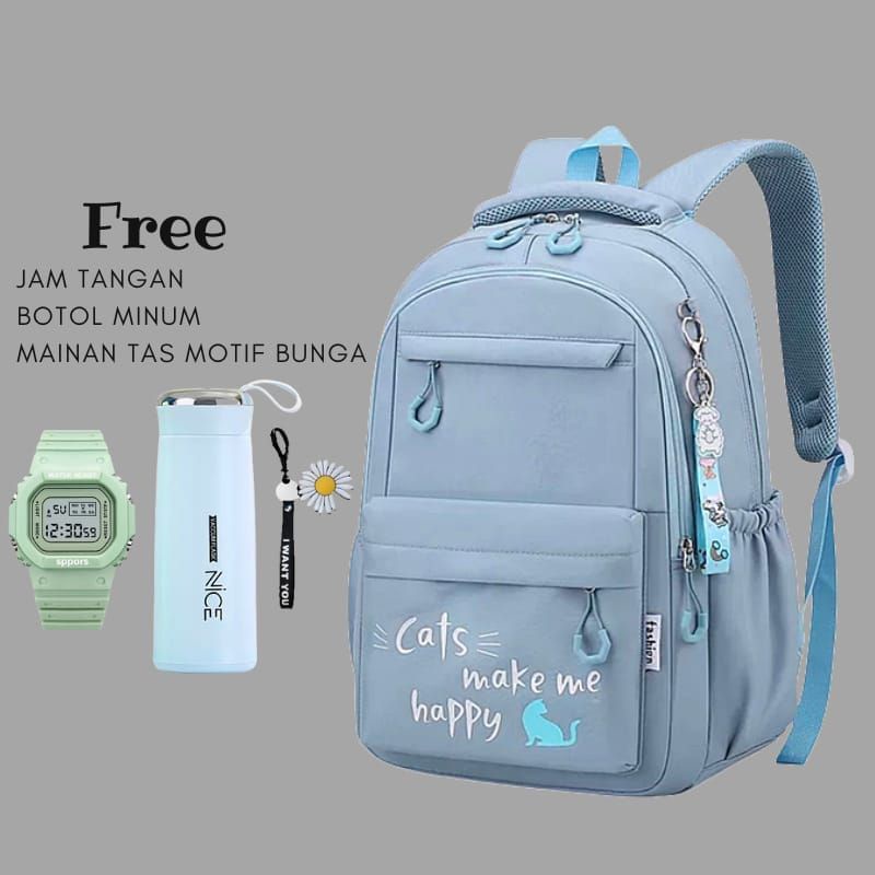 Tas Ransel anak Sekolah SD SMP 3 IN1 Motif CATS Free Jam Tangan Dan Botol Minum