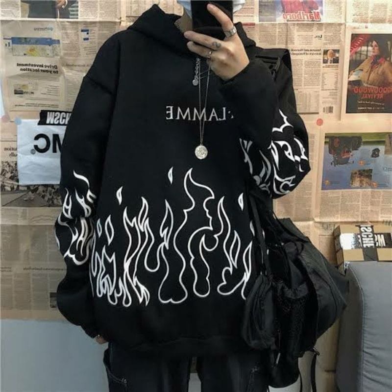 Flamme Sweater Hoodie Pria Matt Fleece Tebal OOTD Casual Daily Korean Style l Fire Hodie XXL Oversize