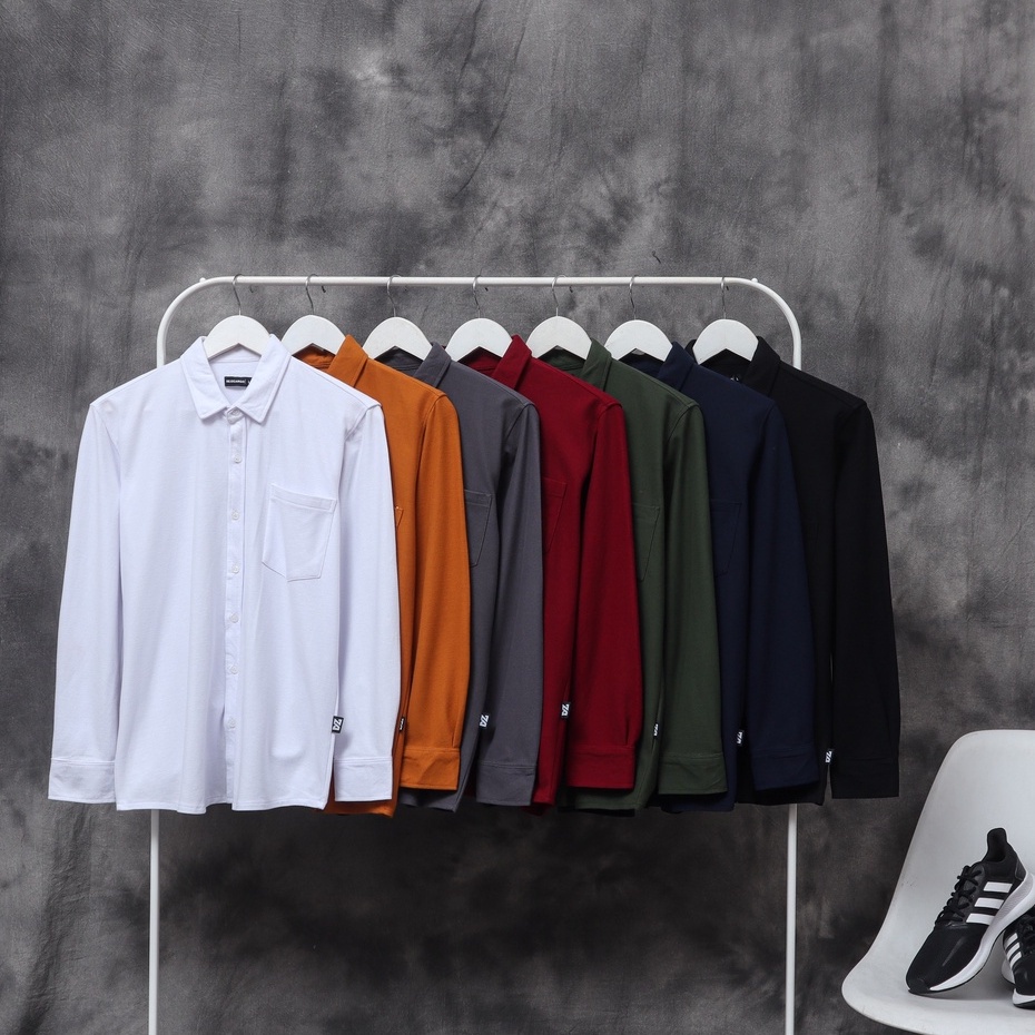 Kemeja Polos Pria Lengan Panjang Pique Premium (Hitam, Putih, Army, Navy, Maroon, Dark Mustard, Abu-Abu, baju dll)
