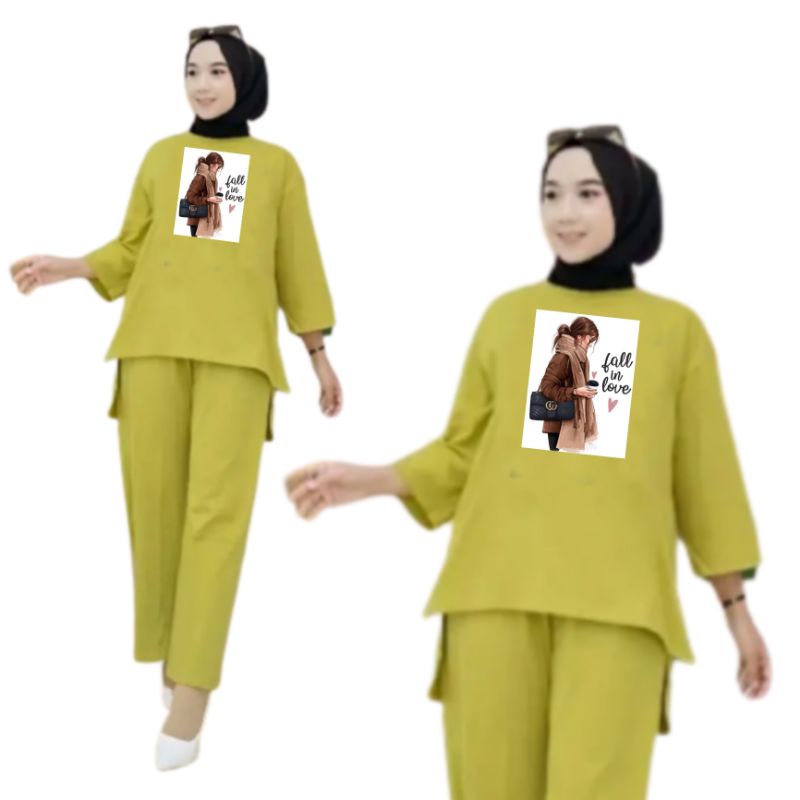 Setelan Kaos Wanita Dewasa Oversize Ld 130 cm Terbaru 2023 Viral Gambar DTF Bahan Kaos Babyterry Tangan 3/4 dan Celana Panjang One Set Wanita Dewasa Jumbo Kekinian Atasan Baju Wanita Dewasa Big Size Stelan Baju Wanita Santai Cewek Fall In Love