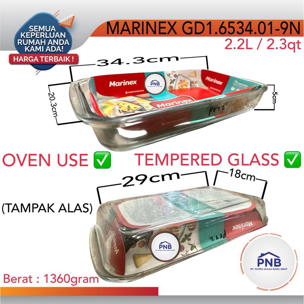 MARINEX 2.2 LITER LOYANG KACA PERSEGI CASSEROLE BELING 6534