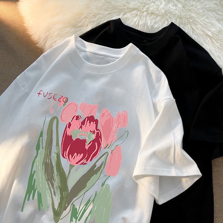 RDGF official shop bunga mawar pola cetak Korean style crewneck oversize baju atasan wanita warna hitam kaos wanita terbaru