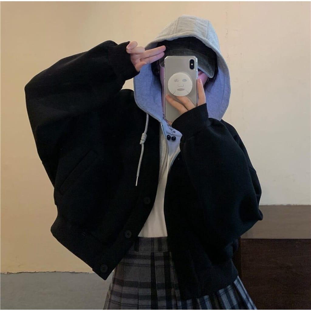 Zip Button Jaket l Two Tone Ziper Sweater Hoodie Wanita OOTD Casual Daily Remaja Matt Fleece Tebal Premium