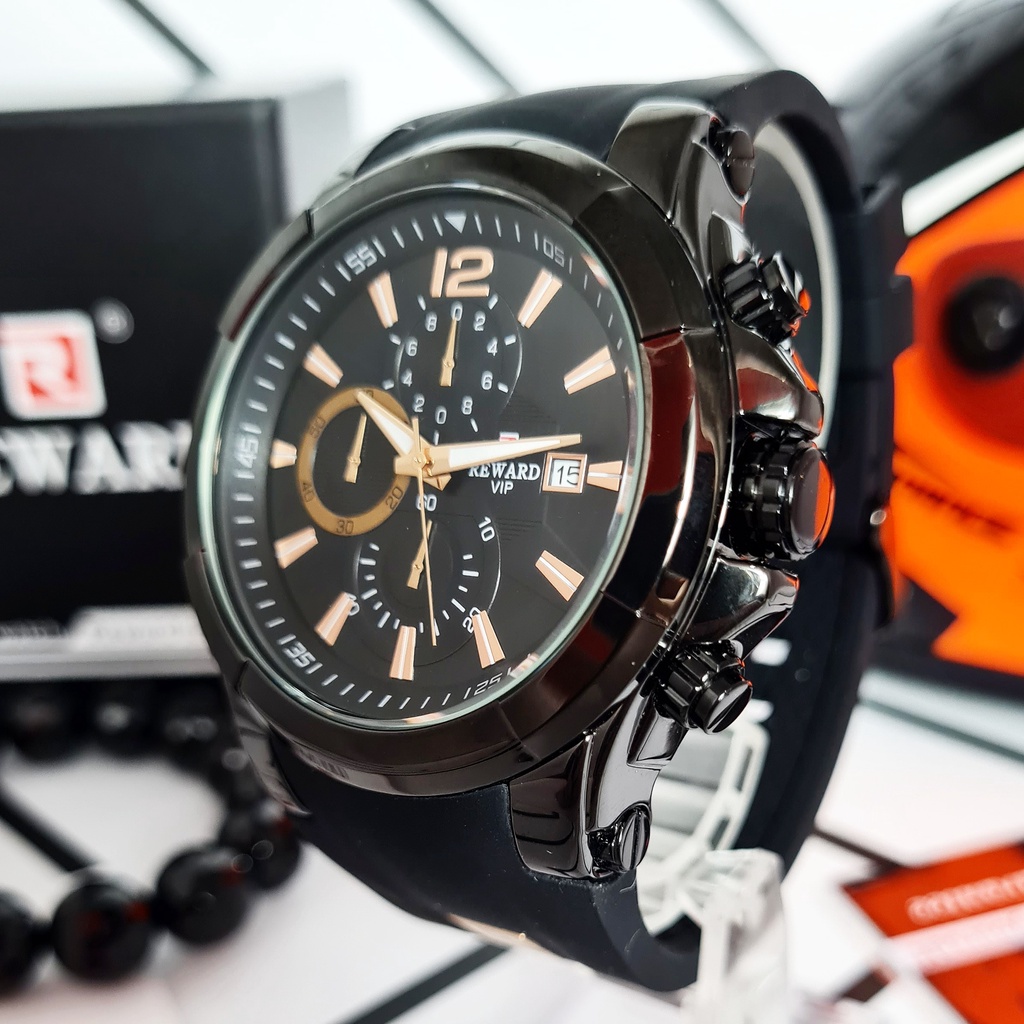 Jam Tangan Pria Original REWARD Bayonet B Hitam Rubber Karet SIlikon Analog Chrono Aktif