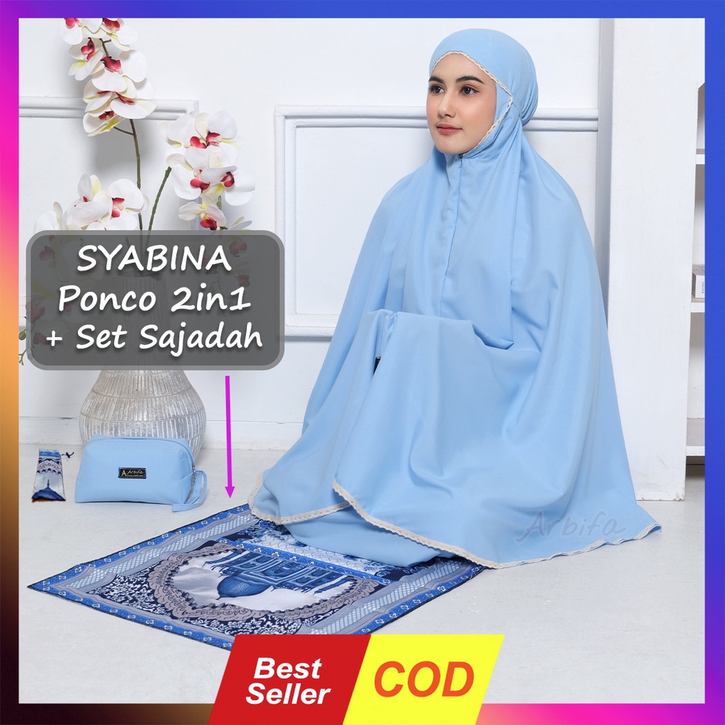 Full set Mukena 2 in 1 + Sajadah Syabina Katun Ponco Traveling Dewasa Resleting dagu