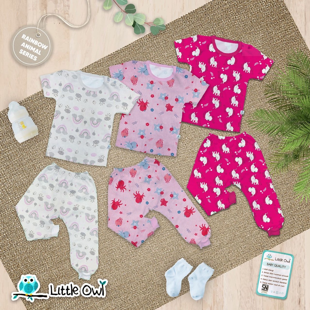 Little Owl 3 Setelan Pendek Oblong SML (3-18 Bulan) Baju Pendek Celana Panjang Bayi Newborn Arevyonlineshop