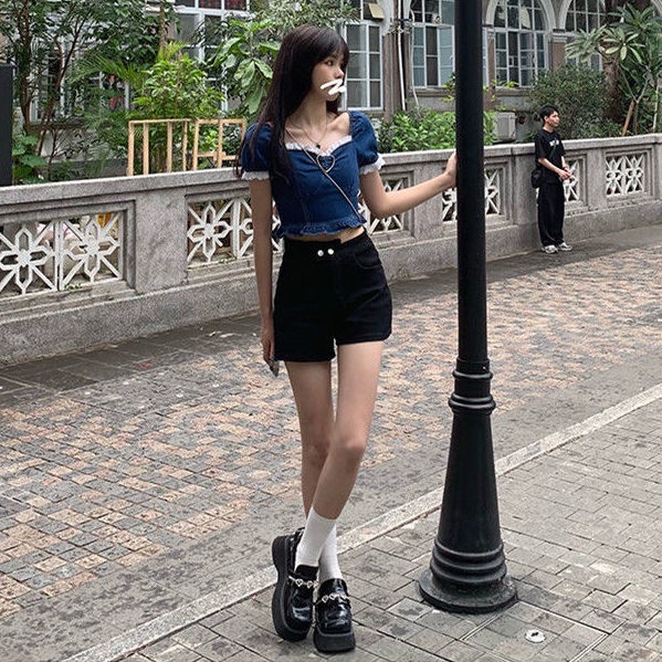 Red Denim puff sleeve top female 2022 summer ins Korean version of the new student slim slim lace stitching shirt