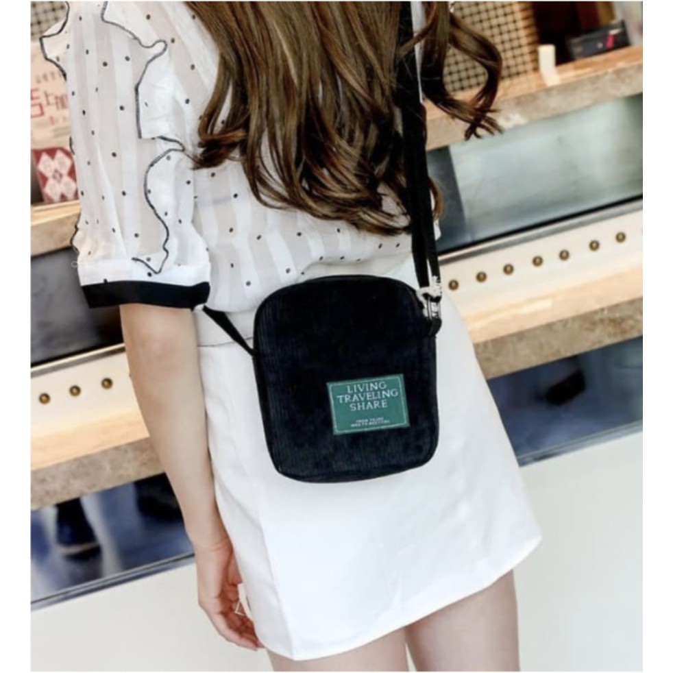 LJY31 Tas Wanita Selempang Korea Mini Corduroy Impor TKM - Hitam
