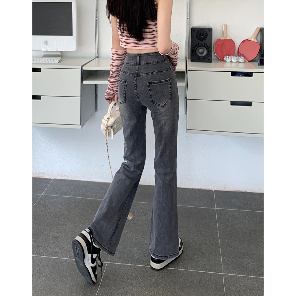 Kelabu Hitam Highwaist Elastisitas Cutbray Jeans Wanita Skinny Celana Jeans