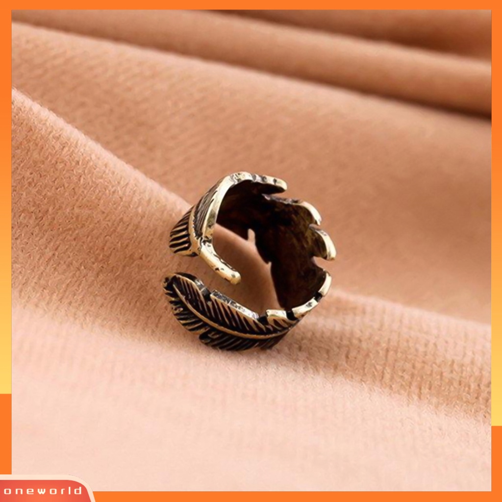 {oneworld} Cincin Terbuka Motif Daun Etsa Bulu Adjustable Bronze Antik Unisex Opening Ring Jewelry Untuk Pesta