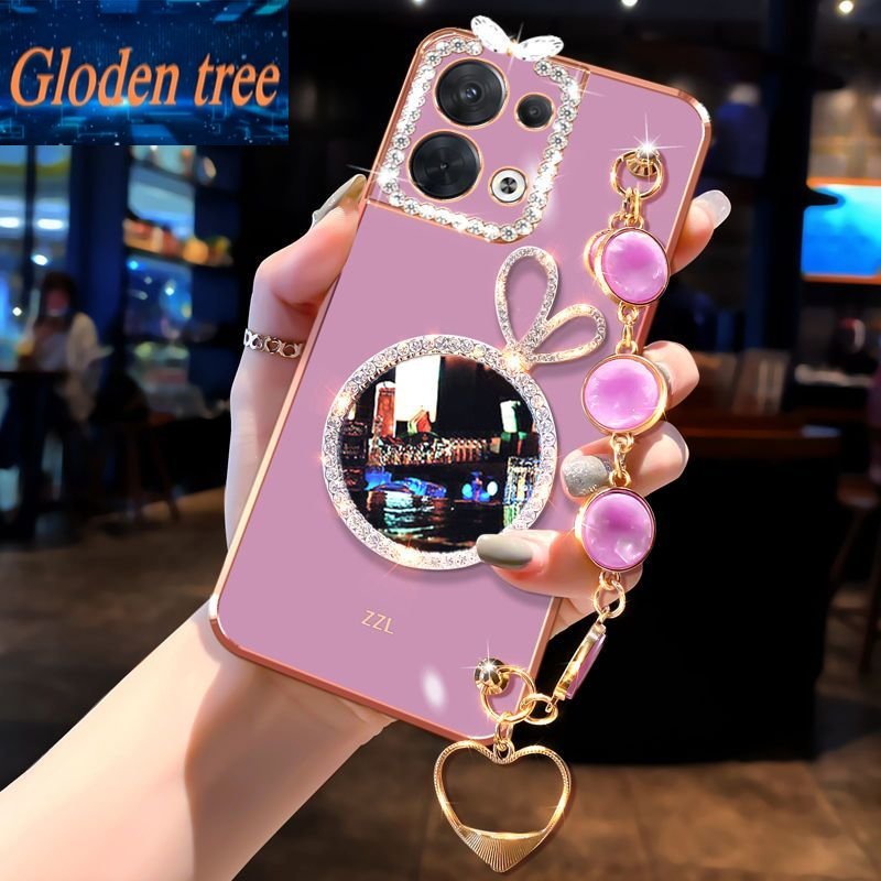 Gloden tree Phone Case Untuk OPPO Reno 2z 3Pro Kelinci vanity mirror Perhiasan Gelang, Bingkai Foto Dengan Berlian